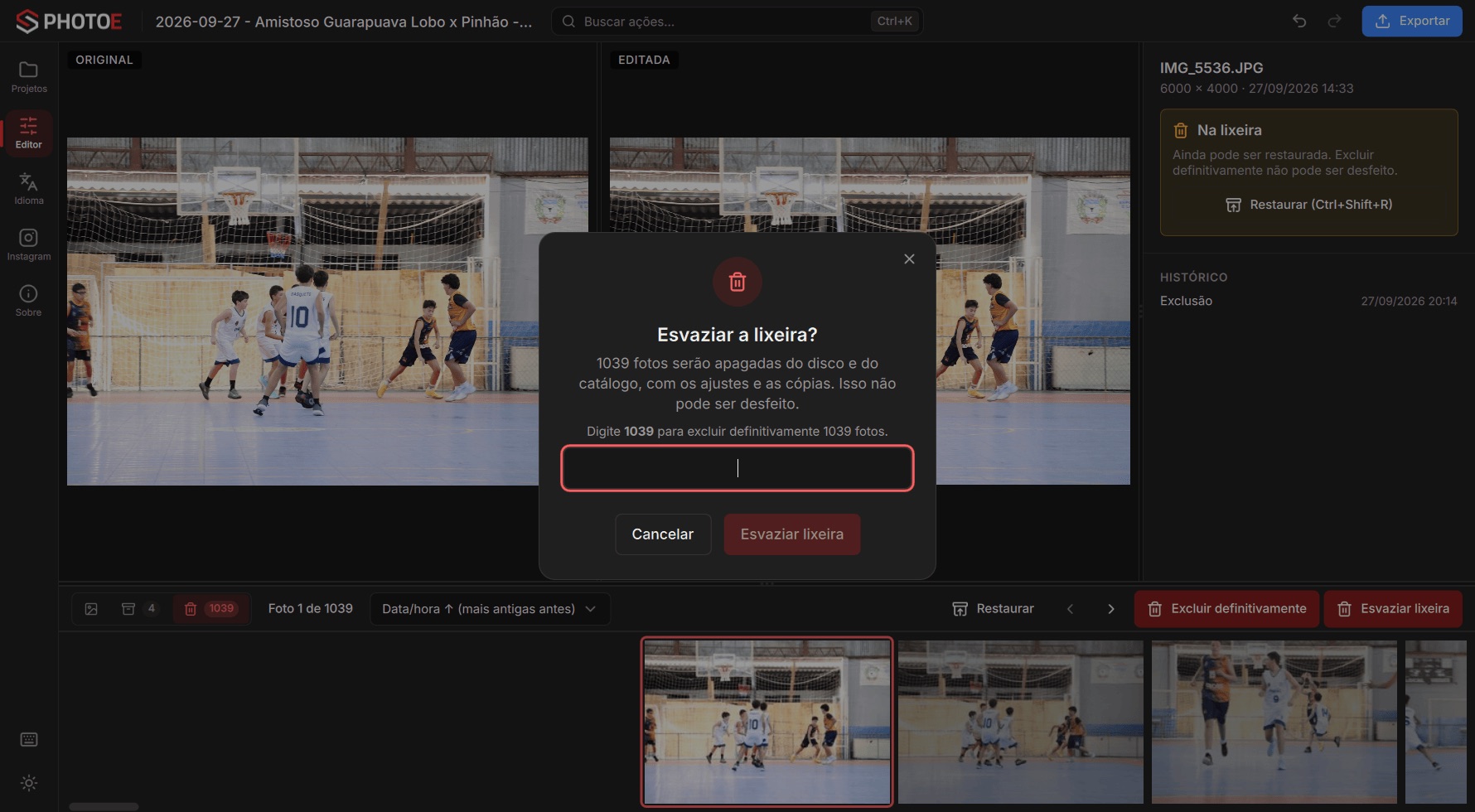 Lixeira com a confirmação do Esvaziar lixeira, que pede para digitar o número de fotos